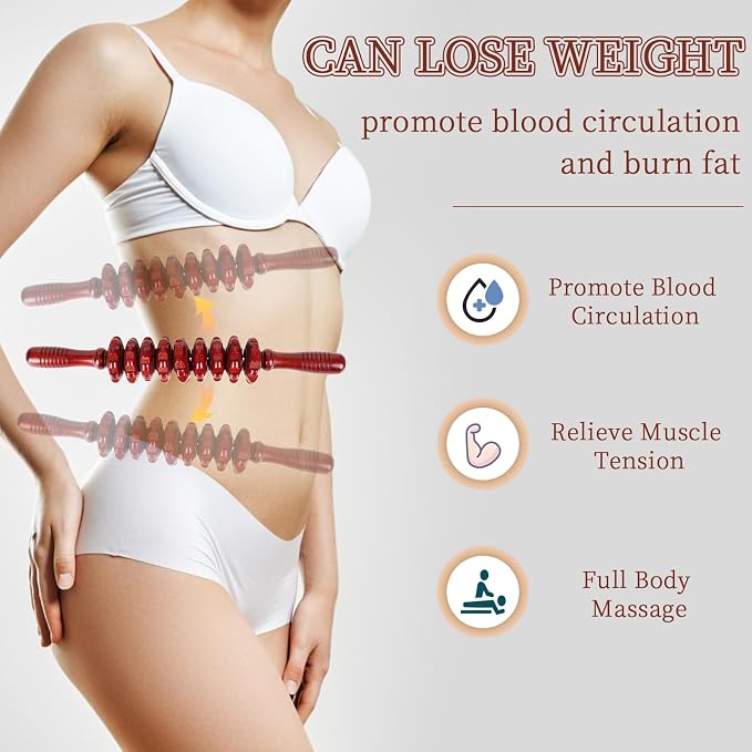 Liitrton Manual Wooden Massage Roller Stick for Legs, Body Roller, Red | Wood Therapy Massage Tools for Trigger Points Relief, Sore Muscle Recovery