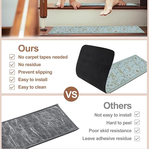 OJIA Insect Stair Treads for Wooden Steps 15PC 30"x8" Non-Slip Stair Runner | Indoor Stair Runners Carpet Stair Treads Mats Staircase Step Treads for Kids, Elders & Dogs, Stair Covers, Blue