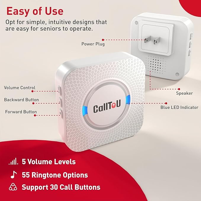 CallToU Caregiver Pager Wireless Call Button Nurse Alert System 500+ Feet for Home/Elderly/Patient/Disabled 2 Plugin Receivers 3 Waterproof Transmitters