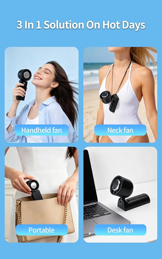 Portable 3-in-1 Handheld Neck Fan, Semiconductor Cooling, 4000mAh Up to 13H Runtime, 11000RPM 7M/S Wind, 5 Speed Adjustable Quiet 50dB Foldable Personal Fan for Outdoor Office Travel(Black)