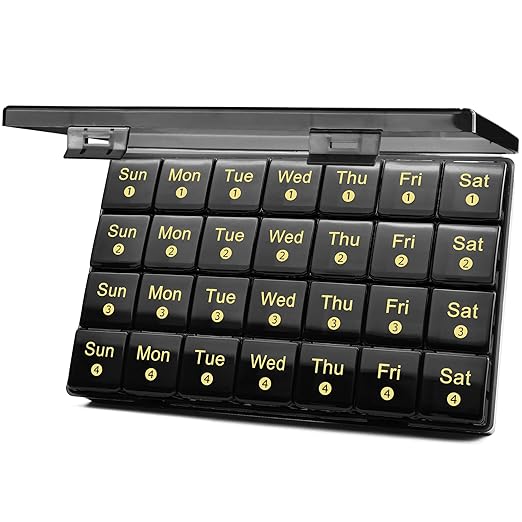 FHORAIN Monthly Pill Organizer 28 Day, 4 Weeks Pill Box 7 Day, XL Weekly Medicine Organizer for Vitamins, Fish Oil, Supplements(Black)
