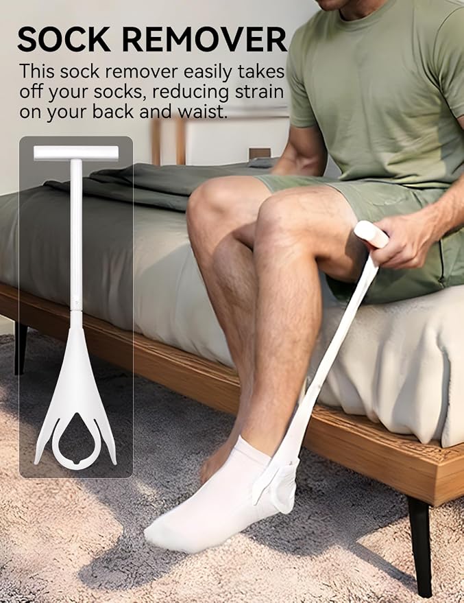 Sock Aid Device for Seniors and Shoe Horn Kit - Sock Helper Easy On and Off, Sock Assistant Device No Bending, Adjustable Extended Long Shoe Horn Back Scratcher for Senior