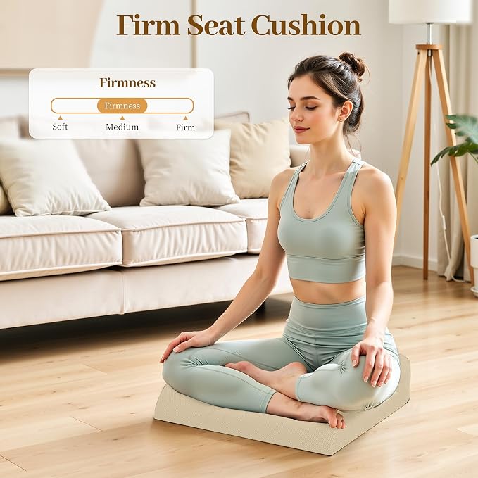 TranquilRelax XL Memory Foam Seat Cushion for Office Chair, Khaki | Medium-firm Support for Long Sitting, Washable Mesh Cover, Non-slip Base, Perfect for Car Seats & Short Drivers