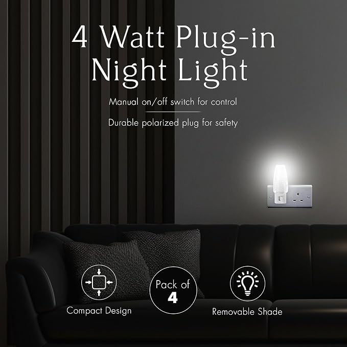 Projectpak Plug in Night Light with Manual On/Off Switch for Hallway, Bedroom, Stairways – Includes 4W Incandescent Bulb | 4 Pack