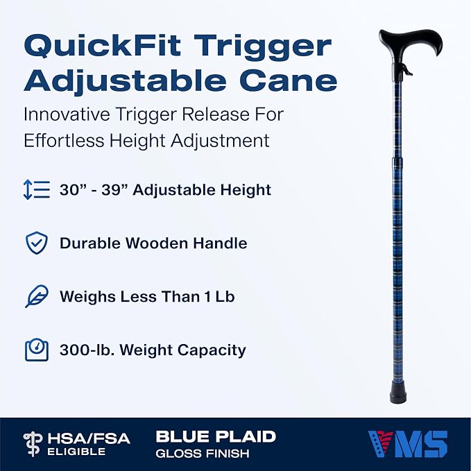 VMS QuickFit Trigger Adjustable Walking Cane - 300 lbs Capacity, Effortless Height Adjustment, Durable Aluminum Tube, TAA Compliant
