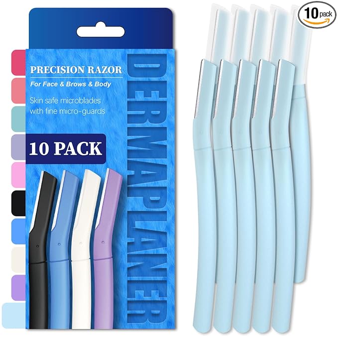 Dermaplane Razor for Women, Facial Razor, Peach Fuzz Remover, 10ct Sky Blue | Disposable Dermaplaning Tool for Facial Hair Removal & Exfoliation, Microblade Design, Easy Replacement for Home & Travel