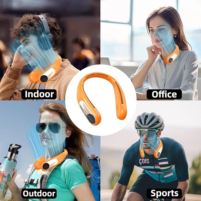 Portable Neck Fan, Personal Wearable Bladeless Fan for Outdoor Indoor, LED Display, 360° Cooling, 4-Speeds, 6000mAh USB Rechargeable, Birthday Gifts for Men Women Dad Mom (Orange)