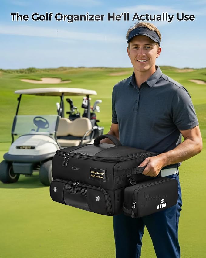 YOREPEK Upgraded Golf Trunk Organizer with Removable Insulated Pouch | Golf Gifts for Men, Golf Organizer with Dust-Proof Protective Layer, Multi-Compartment fit 2 Pairs of Shoes, Golfing Stuff