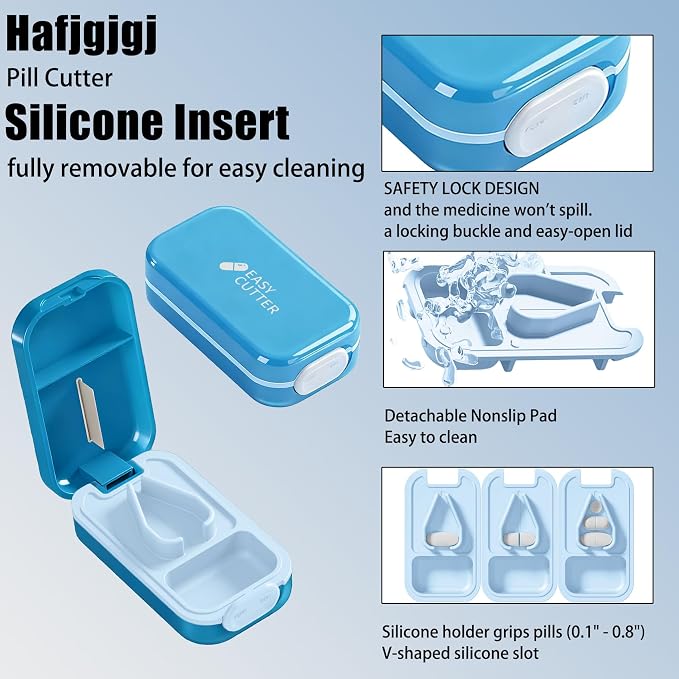 Pill Cutter Splitter for Small or Large Pills with Safety Lock - Accurate and Easy Travel-Friendly Design for Daily Use (Blue)