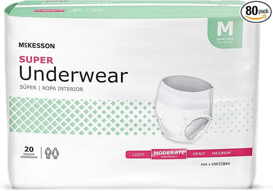McKesson Super Adult Incontinence Underwear, [80 Count], Moderate Absorbency, Medium, 32-44 in. Unisex Bladder Leak Protection, Pull-On Style with Tear-Away Sides, Postpartum and Incontinence Support