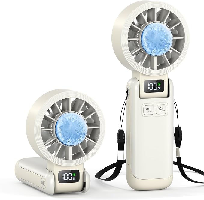Handheld Portable Fan with Ice Cooling Rechargeable 5.5m/s Speed | 5-Speed, Independent Switch, Digital Display, Foldable Personal Fan for Travel/Concerts/Sport Events/Gifts
