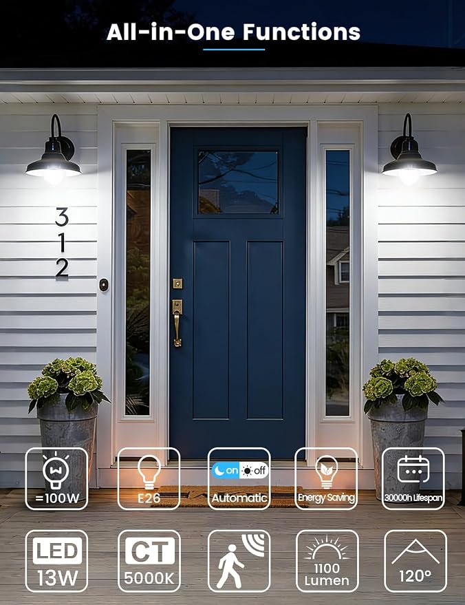 Motion Sensor Light Bulbs, E26 Dusk to Dawn Activated Security | Auto On/Off, Energy-Efficient, for Indoor Outdoor Lighting, Front Door Garage Basement Storage Closet, 120V, 5000K 2Pack