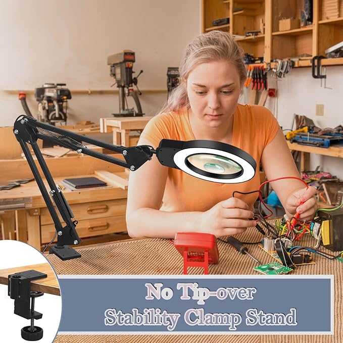 Magnifying Glass Light Clamp Desktop Lamp Stand Desk Table Close Work Up for Crafting, Model Assembly, Reading, Sewing, Jewelry Making, 10X-5X HD Magnifier 50 illumination Options for Elderly