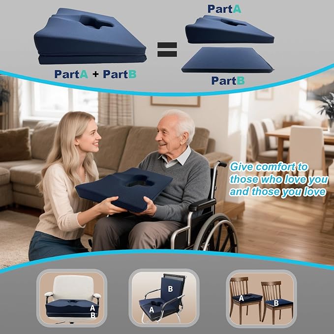 Gel Wheelchair Seat Cushion,Bed Sore Cushions for Butt,Office Chair Pressure Sore cushion,Memory Foam Pillow for bed,Pressure Ulcer Pain Relief,Relieve Sciatica,Coccyx,Washable Cover(Set Blue)