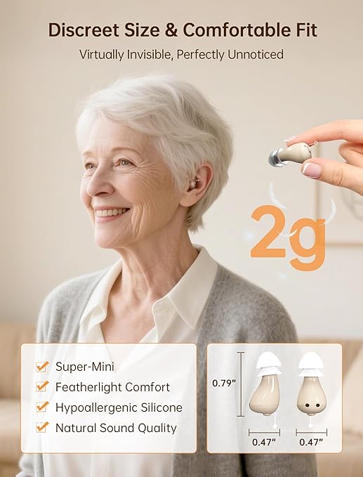 OTC Hearing Aids for Seniors, Nearly Invisible Rechargeable Hearing Aids, 100+ Hours of Charging Case Usage, Super-Mini Invisible Design, Comfort Fit in Ear Canal, AI Noise Cancellation and Clear Sound, Suitable for Various Daily Scenarios