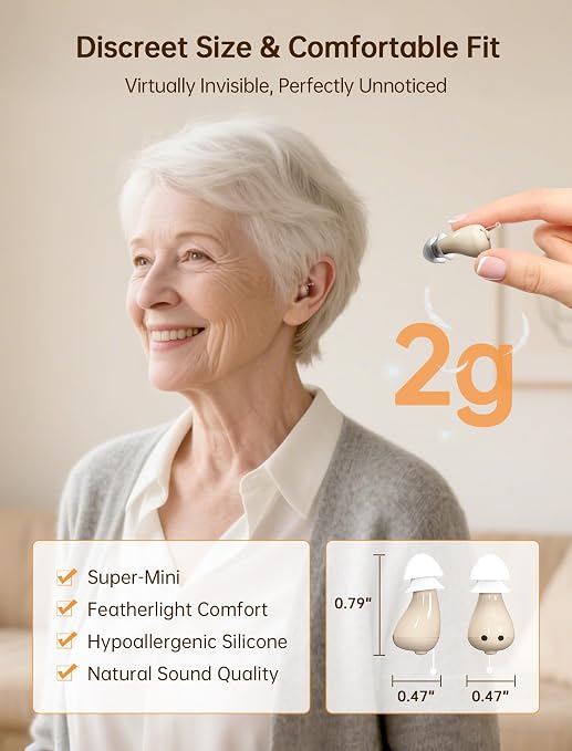 OTC Hearing Aids for Seniors, Nearly Invisible Rechargeable Hearing Aids, 100+ Hours of Charging Case Usage, Super-Mini Invisible Design, Comfort Fit in Ear Canal, AI Noise Cancellation and Clear Sound, Suitable for Various Daily Scenarios