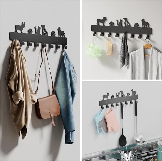 GTK Key Hooks with 8 Hooks Wall Mounted, Key Holder for Wall Decor, Dog Key Holder for Entryway, Self Adhesive Cat Key Rack for Living Room
