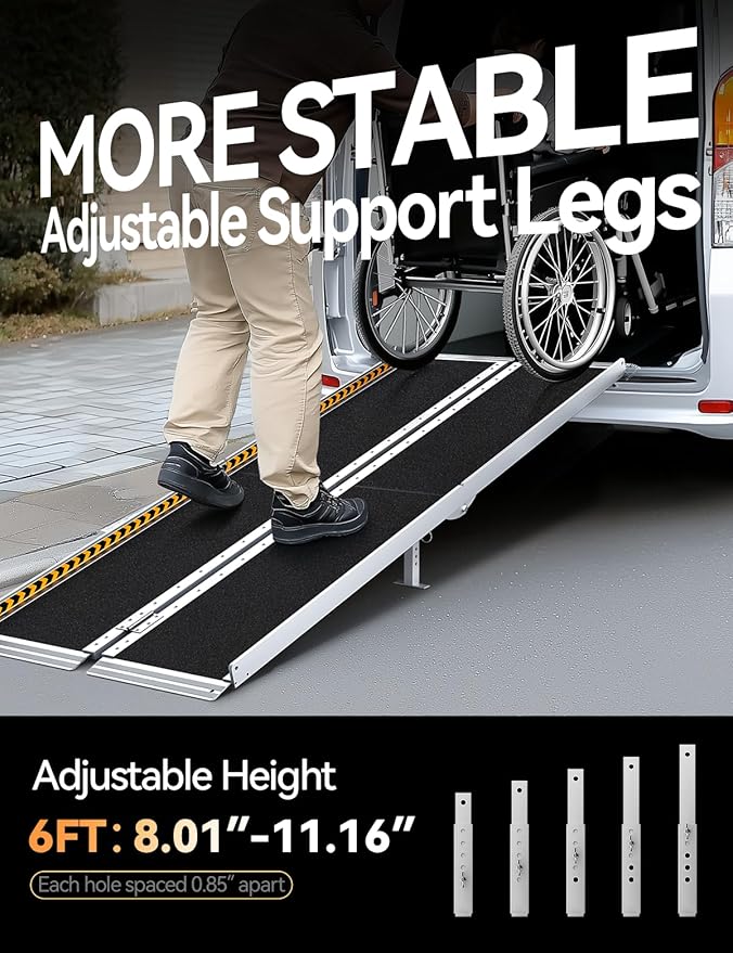 FACHNUO 6 Feet Portable Wheelchair Ramp with Sopport Legs, Non-Skid Aluminum Handicap Ramps, Folding Threshold Wheel Chair Ramp for Home Steps, Stairs, Entry, Threshold, Doorways, 800LBS Capacity