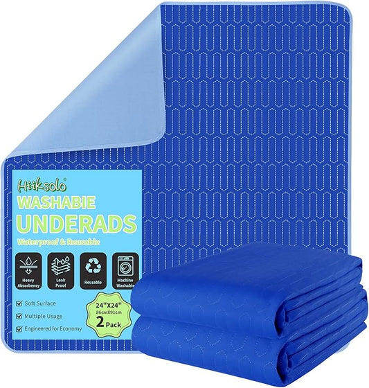 Washable Chair Pads for Incontinence, 2 Pack 24" x 24" Reusable Leakproof Underpads for Bed/Wheelchair/Sofa/Crib/Car Seat/Travel – Durable Encased Edges