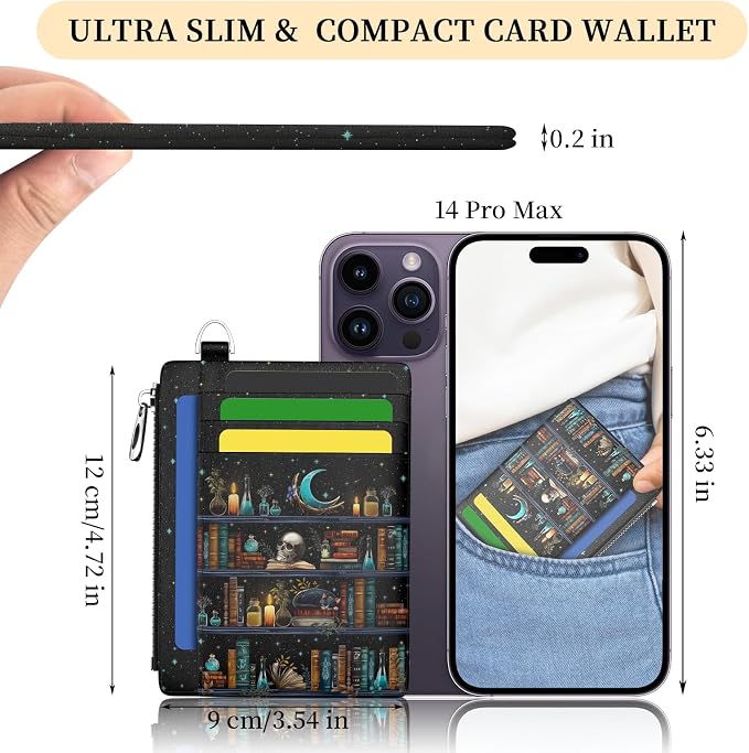 Hancynir Goth Book Skull Small Wallet Women Credit Card Holder RFID Slim | Zipper Pocket Wallet, Thin Travel Coin Purse, Ladies Women Gifts, Gothic Card Case, 6 Card Slots, ID Window, PU Leather