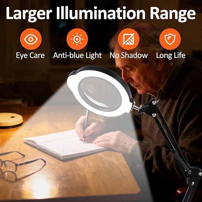 10X 30X Magnifying Glass with Light and Stand, Desktop LED Magnifying Lamp with Base and Clamp, 5 Color Modes, 3 Dimmable Levels Hands Free Magnifying Glasses for Close Work, Reading Crafts Jewelry