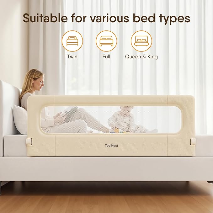 Bed Rail for Toddlers, 59 Inch Foldable Baby Guard | 59 in foldable toddler rail with reinforced anchors, no-gap mattress fit, double lock, washable fabric for King|Queen