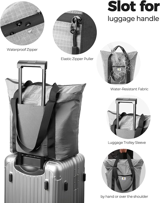 Foldable Travel Bag, 26L Lightweight Weekender Duffel, Expandable Second Carry-On Bag for Travel & Shopping, Water-Resistant Personal Item Bag, Gray