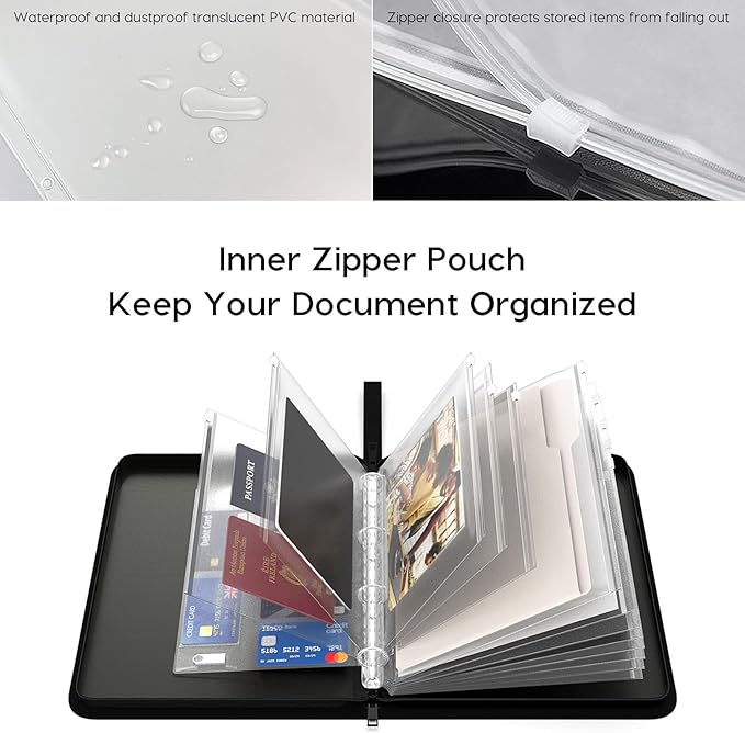 Important Document Organizer Binder, Birth Certificate Protector | Fireproof, Waterproof, Document Protectors, Social Security Card Holder, Passport Storage, 4 Ring Zipper Binder