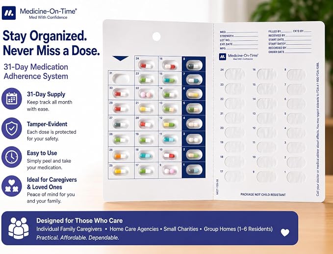 36-Pack Medication Blister Cards - 31-Day Cold Seal Pill Organizer for Assisted Living, Regional Pharmacies, Care Agencies - Disposable No Equipment - Mid-Volume Healthcare Supply