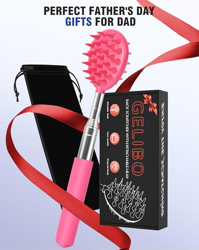Gelibo Telescoping Back Scratcher with 5Pcs Detachable Heads,Fathers Day Dad Gifts from Wife Daughter Son,Mens Gifts,Husband, Extendable Back Massager Tool with Beautiful Box - Pink
