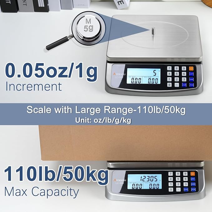 Atogou 110lb Food Scale, Commercial Kitchen Scale with Price Computing, Plug-in Usable, 0.05oz/1g, 304 Stainless Steel, for Cooking, Vegetables, Farm, Industry, Counting. LC300 Grey