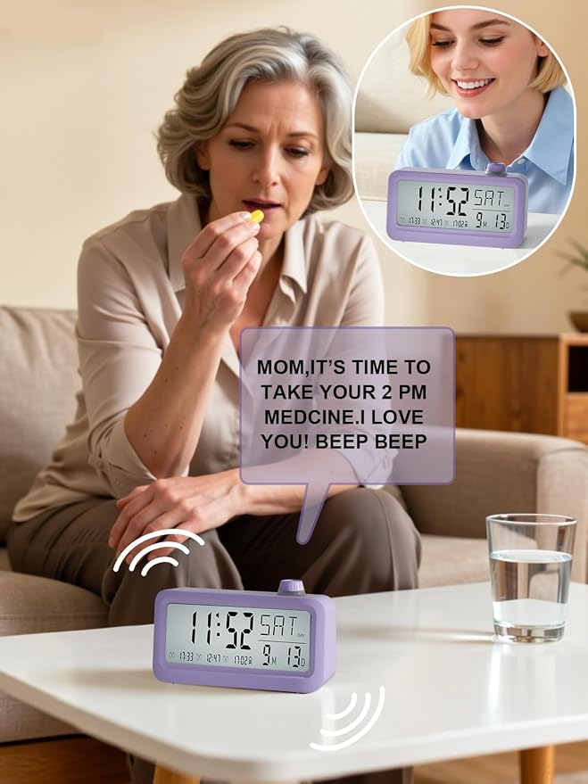 Medication Pill Reminder, Rechargeable Talking Alarm Clock with 3 Custom Voice Recording Alarms, Touch-to-Talk, a Digital Alarm Clocks Gift for Mom/Dad/Seniors/Elderly(Pruple)