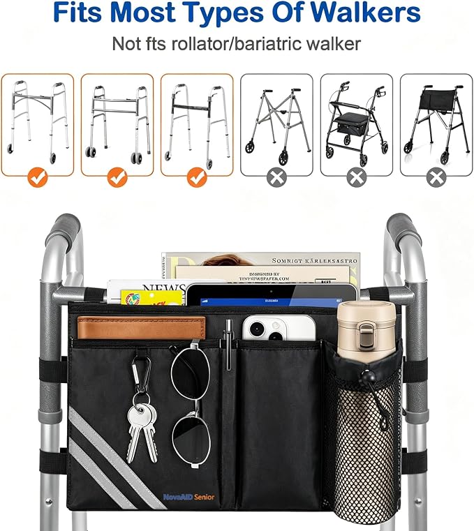 Walker Bag with Cup Holder, Multi Pockets Folding Walker Basket Tote Bag, Foldable Walker Basket with Big Capacity for Universal Walkers, Suitable for the Elderly (Black)