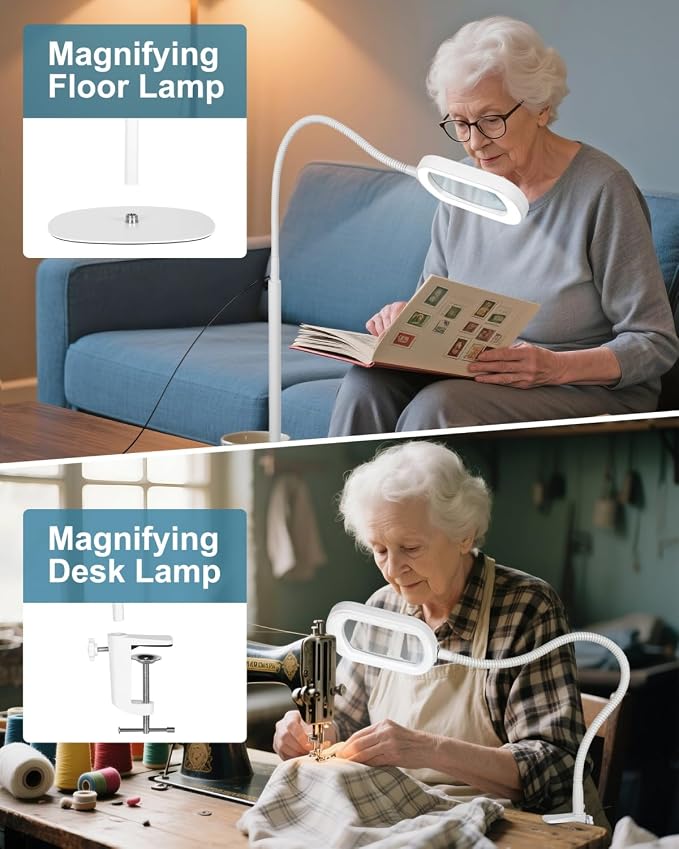 12X Rectangle Magnifying Glass with Light and Stand, 24" Flexible Gooseneck 3-in-1 Floor Lamp, 5 Color Modes Stepless Dimmable, LED Lighted Hands Free Magnifier for Reading Painting Close Work - White