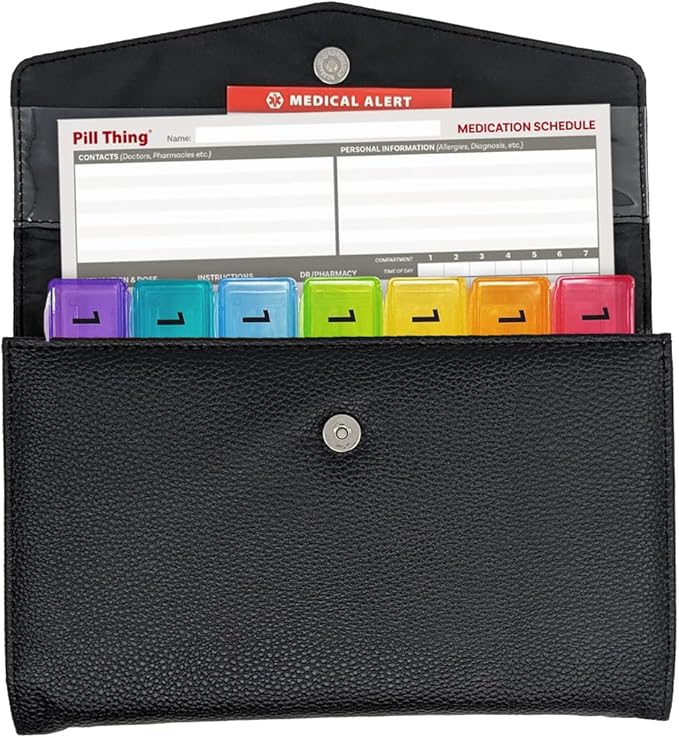 5 Times a Day Weekly Pill Box with Medication Wallet, Easy Secure Magnetic Closure, 5X Pillbox with Medication Schedule and Medical Alert Card (5 Time-a-Day Wallet)