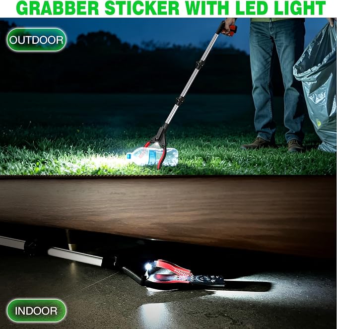 2-Pack Grabber Reacher Tool, 44" Extra Long Foldable Reacher Grabber Pickup Tool with Light, Heavy Duty Trash Picker Upper Grabber, 360° Rotating Jaw & Magnet, Lightweight Grabbers for Seniors
