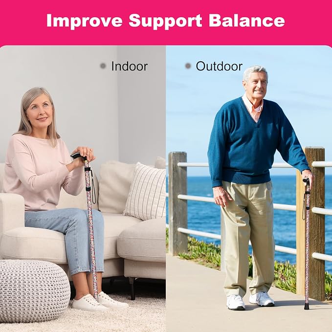 MFE Folding Cane, Portable 5-Level Adjustable Height Walking Stick with Foldable Design, Wrist Strap, and T Handle for Men and Women