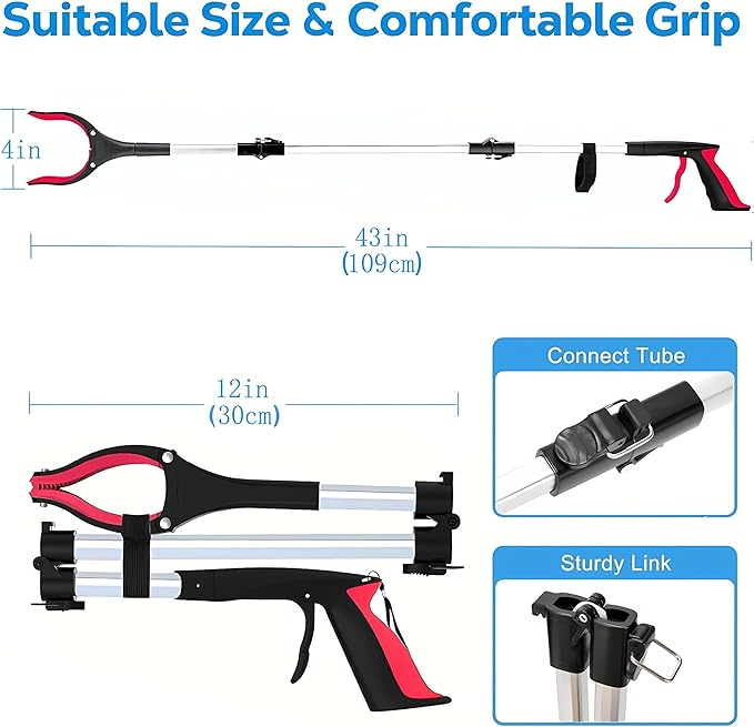 Grabber Reacher Tool - 43” Extra Long Foldable Gripper and Reaching Tool - Heavy Duty Pick Up Stick Grabbers for Seniors, Trash, Surgery Recovery Must Haves Gifts (Red-43in)