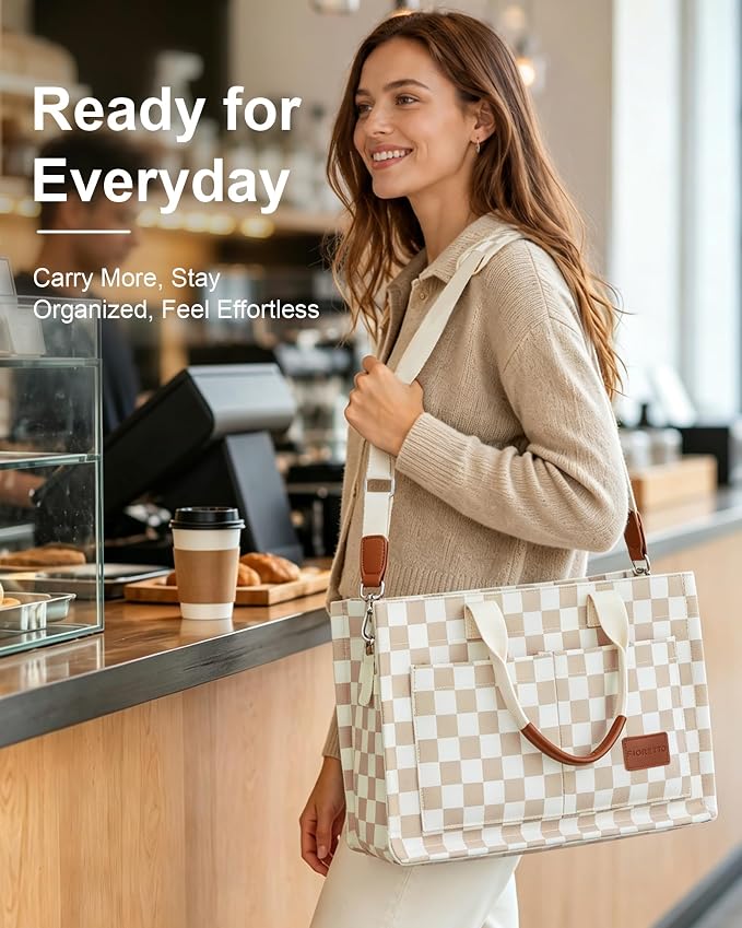 FIORETTO Canvas Tote Bag for Women with Zipper Closure & Individual Compartments for Work College for Teacher & Nurse