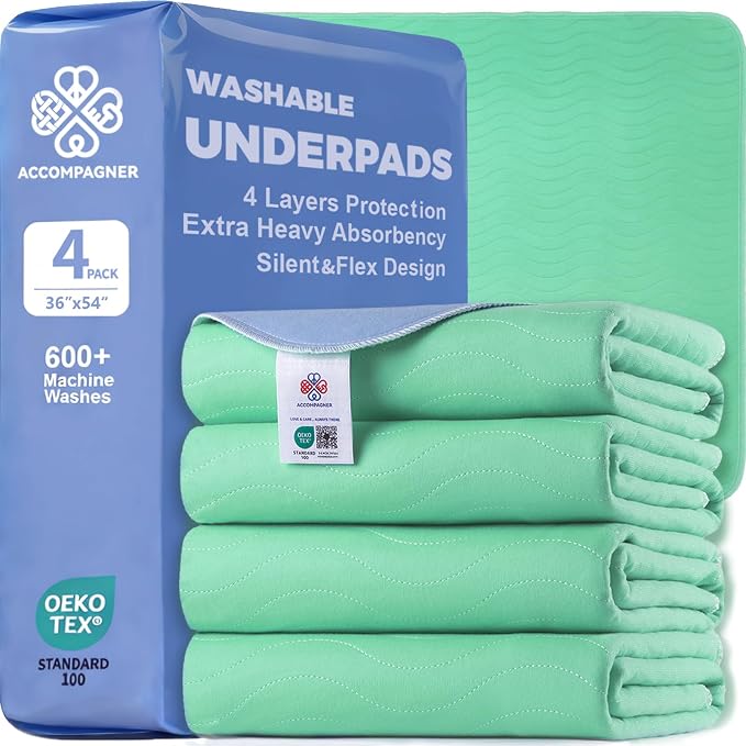 Accompagner Incontinence Bed Pads Washable Waterproof, Ultra-Absorbent Reusable Underpads for Diaper Changing, Nursing, Bedridden, Adults, Seniors, Kids and Dogs (Green, 36"x54"(Pack of 4))