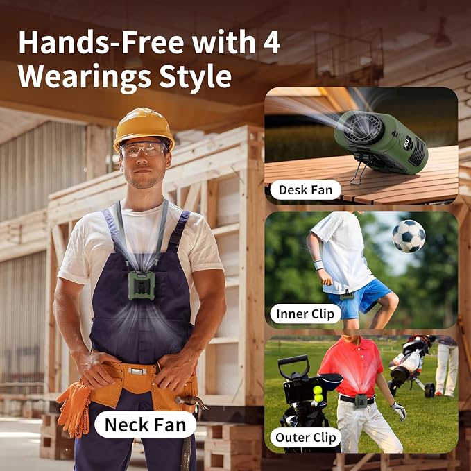 Socool 10000mAh Portable Waist Fan Clip on Wearable Belt Personal Fan Rechargeable Battery Operated with 5 Speeds & Flashlight Neck Hands-Free 40H Cooling for Travel Power Bank (Green)