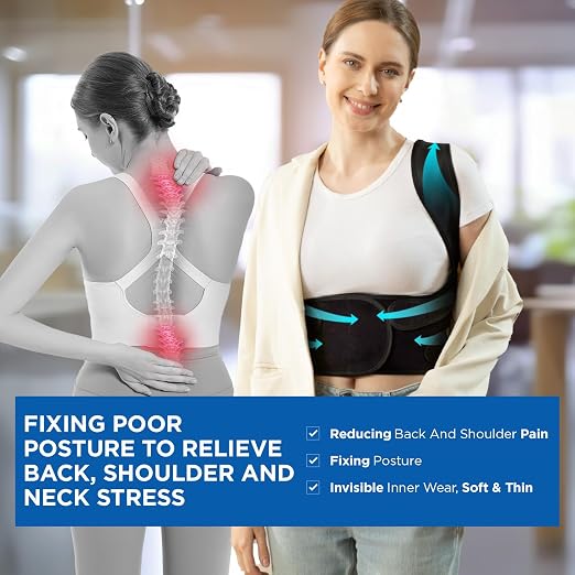 Posture Corrector for Women and Men: Adjustable Back Brace for Upper Back Support & Shoulder Neck Pain Relief - Lightweight Breathable Design (Black Large)