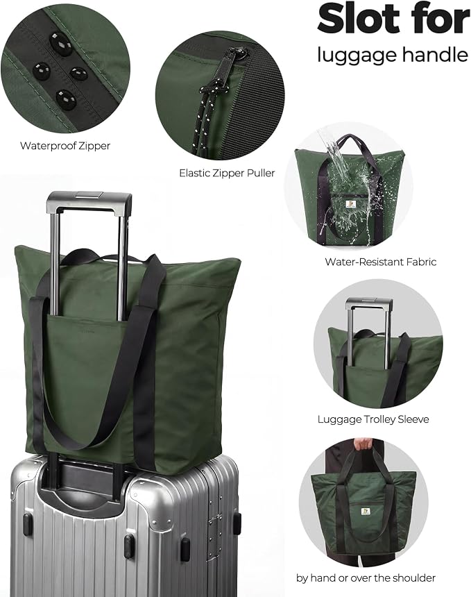 Foldable Travel Bag, 26L Duffle Bag for Travel, Expandable Second Carry-On Bag for Travel & Shopping, Water-Resistant Personal Item Bag, Dark Olive