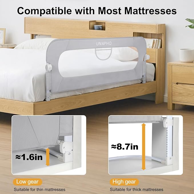Bed Rail for Toddlers,Swing Down Kids Bed Rails Guard for Twin,Full,Queen,Bunk Size Bed,Extra Tall Child Bed Rail Guard with Reinforced Anchor Safety System,47" L x 31" H Grey