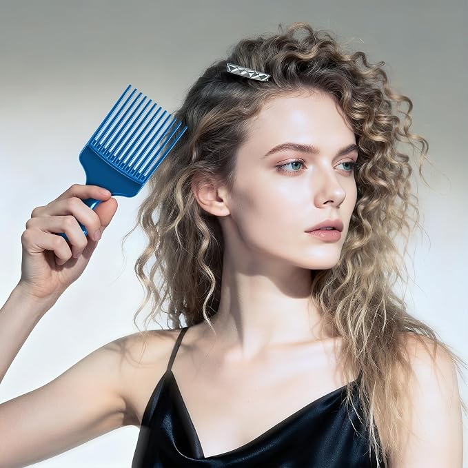SIMPOR 2 Pcs Hair Pick Comb Wide Tooth Lift for Hair Styling Detangling, Plastic Afro Pick for Women Men, Fist Picks for Curly and Afro Hair (Metallic Blue, Black)