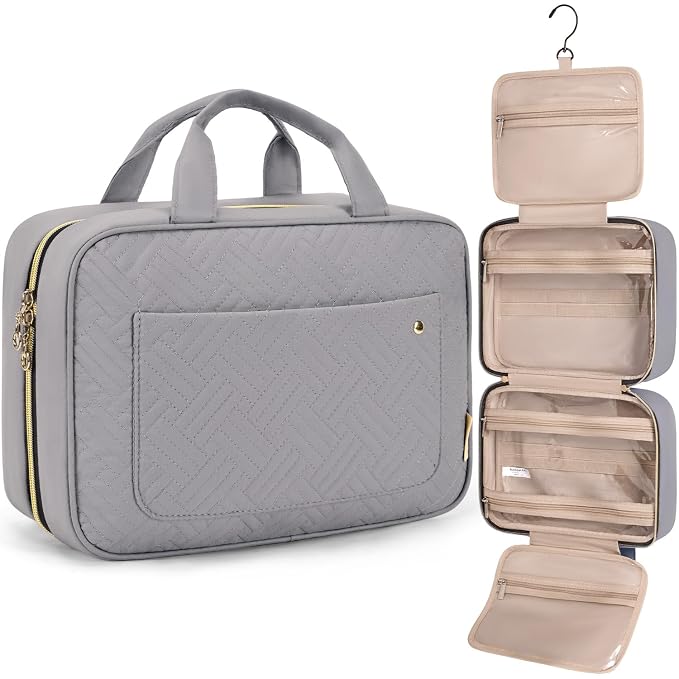 BAGSMART Toiletry Bag Travel Bag with Hanging Hook, Water-resistant Makeup Cosmetic Bag Travel Organizer for Accessories, Shampoo, Full Sized Container, Toiletries Grey, Large