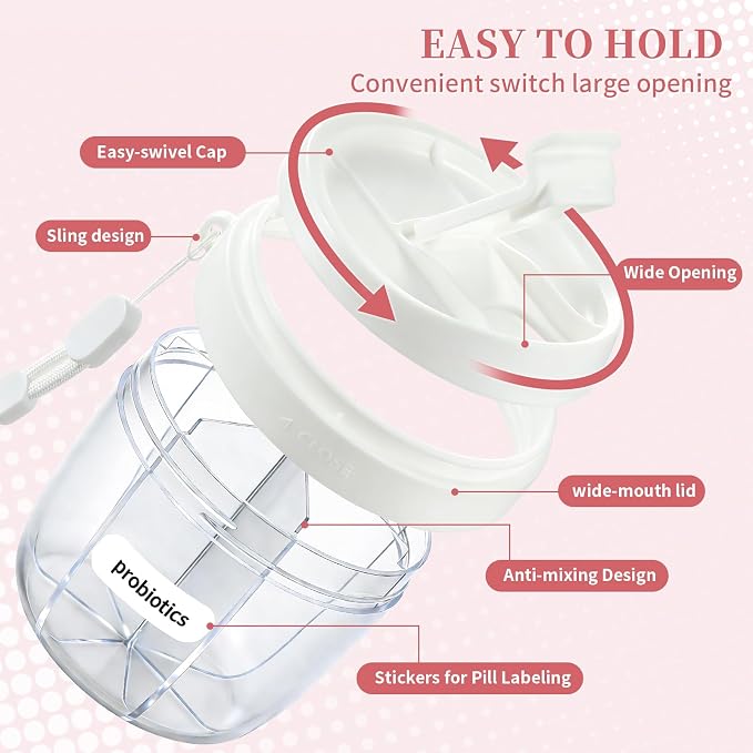 Pill Organizer,Travel Essentials Pill Container, Travel Pill Dispenser with White Lid，Pill Case Having 7 Large Compartments,Vitamin Organizer for Home Organization,Travel Containers