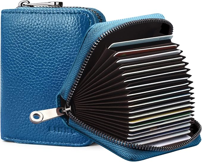 Linno RFID 20 Slots Credit Card Holder Genuine Leather Small Wallet for Women or Men with Zipper