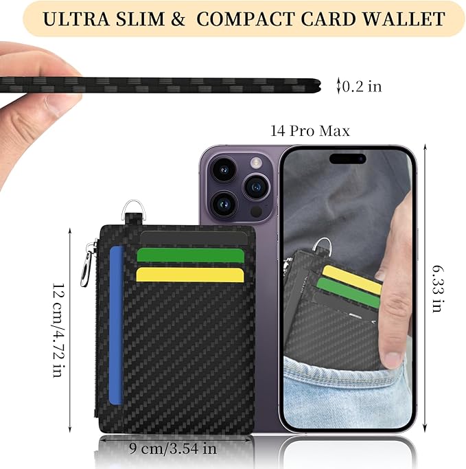 Hancynir Minimalist Black Slim Wallet Men Credit Card Holder Small RFID | Zipper Pocket Wallet, Thin Travel Coin Purse, Ladies Women Mens Gifts, Cute Card Case, 6 Card Slots, ID Window, PU Leather