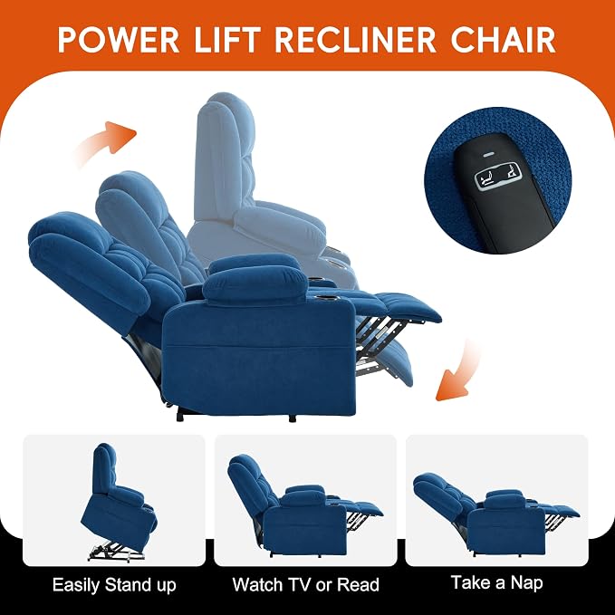 Ketaiyou Electric Power Lift Recliner Chair Sofa with Massage and Heat for Elderly, USB and Type-C Ports, Cup Holders, Infinite Position (NV Blue, Regular)